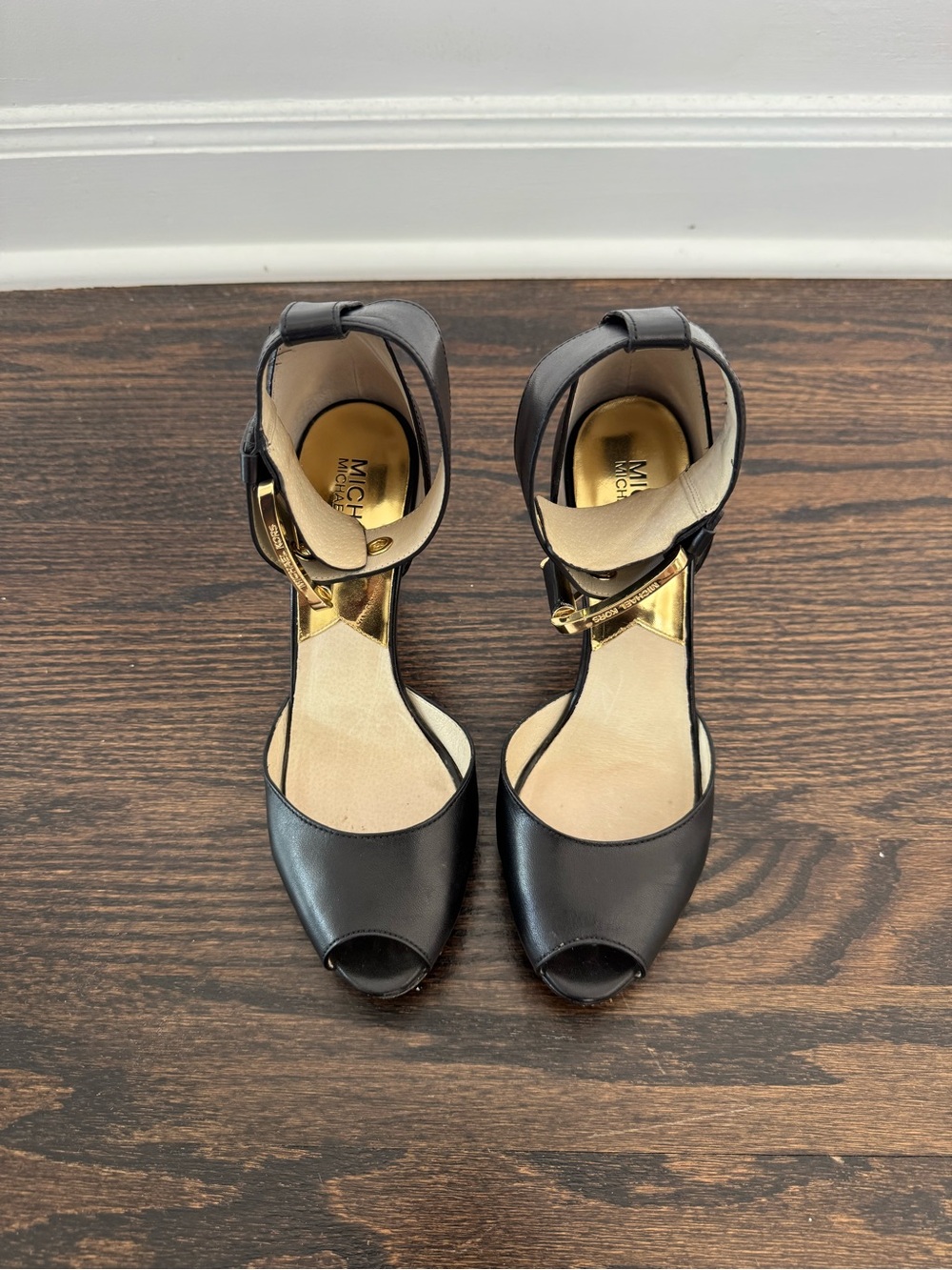 Michael Kors Black Leather Peep-Toe Ankle Strap Heels with Gold Buckle